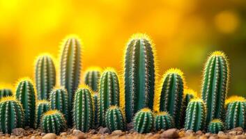A bunch of cacti are lined up in a row, with some of them having yellow flowers. Concept of warmth and brightness, as the sun is shining on the plants photo