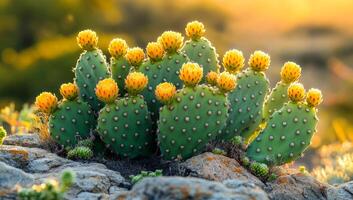 A group of cacti with yellow flowers on them. The cacti are arranged in a way that they are all facing the same direction. The flowers are small and yellow, and they are scattered throughout the cacti photo