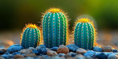 Three cacti are standing on a rocky surface. The cacti are green and have spines. The image has a natural and peaceful feel to it photo