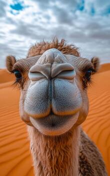 A camel with a white nose is looking at the camera. The image has a warm and inviting mood, as the camel appears to be curious and friendly photo