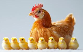 A mother chicken and her six chicks are standing together. The mother chicken is the largest of the group, and the chicks are all smaller and closer to her. Concept of family and togetherness photo