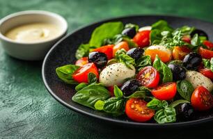 A black plate with a salad of tomatoes, olives, and basil. A white bowl with a white sauce sits next to the plate photo