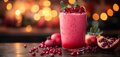 A glass of red juice with a garnish of pomegranate seeds on a table. The juice is garnished with pomegranate seeds, which adds a pop of color and a touch of freshness to the drink photo