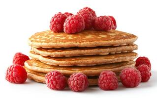 A stack of pancakes with raspberries on top. The pancakes are piled high and the raspberries are scattered around them. Concept of indulgence and comfort photo