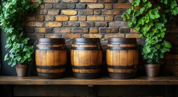Three barrels of wood sit on a shelf next to a plant. The barrels are brown and have a rustic appearance. The plant is green and has vines growing on it. The scene gives off a cozy and rustic vibe photo