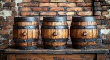 Three barrels of wood sit on a table. The barrels are old and have a rustic appearance. The table is made of wood and has a brick wall behind it. The scene gives off a cozy and rustic vibe photo