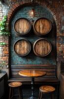 A wooden table with four stools and four barrels on the wall. The table is surrounded by the barrels and the wall is made of bricks. The atmosphere of the image is rustic and cozy photo