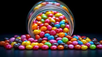 Brightly colored candies are spilling from a glass jar, creating a vibrant display against a dark background. photo
