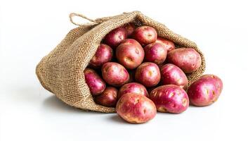 A burlap sack overflows with vibrant red potatoes, showcasing their earthy texture and natural colors. photo