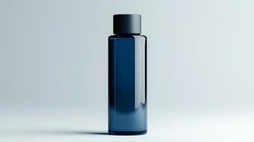 A dark blue bottle stands upright on a light gray background, showcasing its sleek design and smooth texture. photo