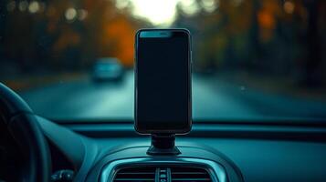 A smartphone is securely attached to a car dashboard while driving through a beautiful, tree-lined road in autumn. photo