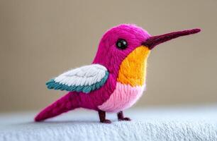 A colorful, handmade wool hummingbird rests on a soft surface indoors. photo