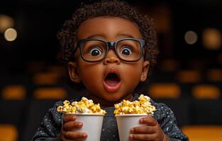 A young child with curly hair and glasses holds two cups of popcorn, displaying a surprised expression in a theater. photo