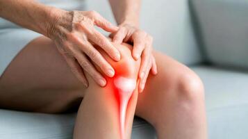 A person gently holds their knee, indicating discomfort while seeking relief or support techniques for pain management. photo