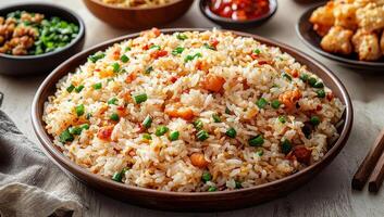 A bowl of flavorful fried rice with vegetables and crispy bits, surrounded by various side dishes in a warm atmosphere. photo