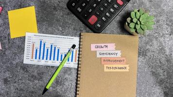 Concept of Business Management such as growth, efficiency, improvement, performance write on sticky notes isolated on Wooden Table. photo