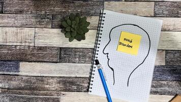 Concept of Mood Disorders write on sticky notes isolated on Wooden Table. photo