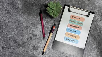 Concept of Mental Health write on sticky notes isolated on Wooden Table. photo