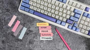 Concept of Blockchain write on sticky notes isolated on Wooden Table. photo