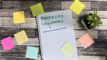 Concept of Embracing Uniqueness write on book isolated on Wooden Table. photo