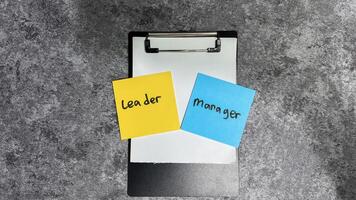 Concept of Leader vs Manager write on sticky notes isolated on Wooden Table. photo