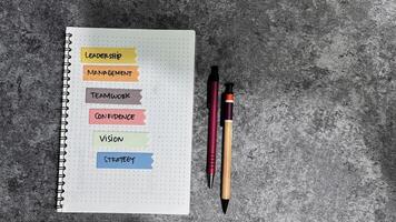 Concept of Leadership, Management, teamwork, Confidence, Vision, Strategy write on sticky notes isolated on Wooden Table. photo