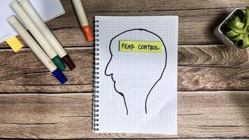 Concept of Fear Control write on sticky notes isolated on Wooden Table. photo