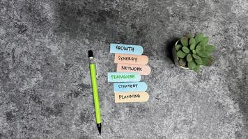 Concept of Teamwork Related write on sticky notes isolated on Wooden Table. photo