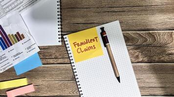 Concept of Fraudlent Claims write on sticky notes isolated on Wooden Table. photo