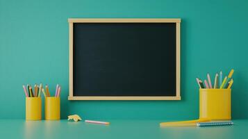 A blackboard with pencils and other items on a green table photo