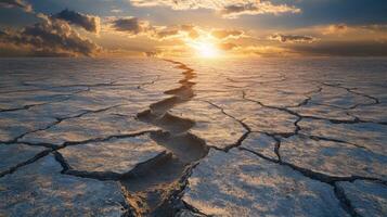 The sun setting over a cracked desert photo