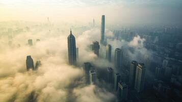A city skyline is seen in the clouds photo