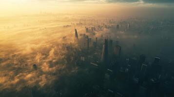 An aerial view of a city covered in fog photo