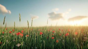 A field of red flowers and grass in the sun photo