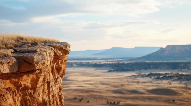 A man stands on a cliff overlooking a valley photo