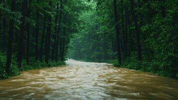 A river flowing through a forest with trees photo