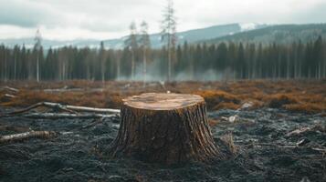 A tree stump in a field with a mountain in the background photo