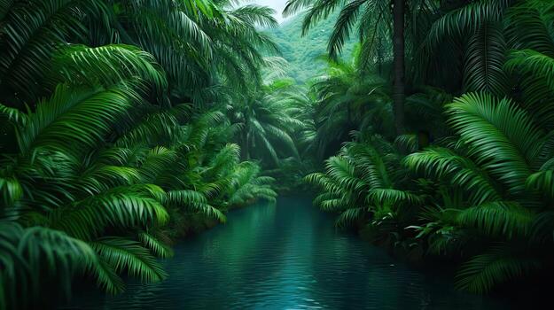 A river in the jungle with green trees and water photo