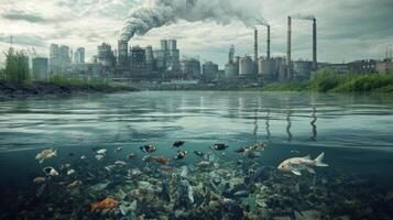 A polluted river with fish and factories in the background photo