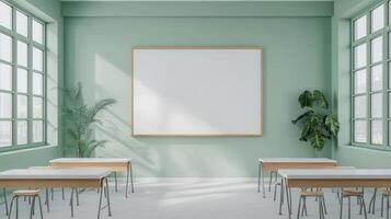 Empty classroom with green walls and wooden desks photo