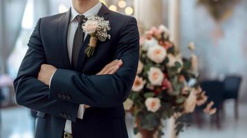 close up of the groom standing with his arms crossed photo