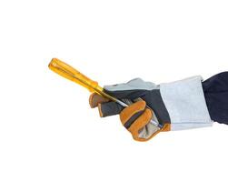 Hand in glove holding screwdriver on white photo