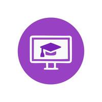 Graduation cap on computer screen icon. Online education concept. vector