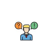 Businessman with speech bubble and question mark. line icon. vector