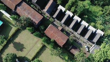 Drone view of a luxurious villa at the foot of a mountain, surrounded by lush green trees. Ideal for travel, real estate, or nature-themed projects showcasing elegance and scenic landscapes video
