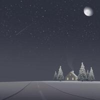 Local road through countryside with log cabin in winter season at night have moon and starry sky square background graphic illustration. vector