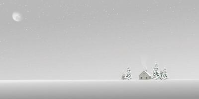 Minimalist snowscape at night with log cabin have moon and starry sky background graphic illustration. Merry Christmas and Happy New Year greeting card template have blank space. vector