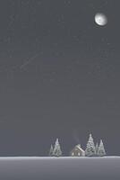 Minimalist snowscape at night with log cabin have moon and starry sky vertical background graphic illustration. Merry Christmas and Happy New Year greeting card template have blank space. vector