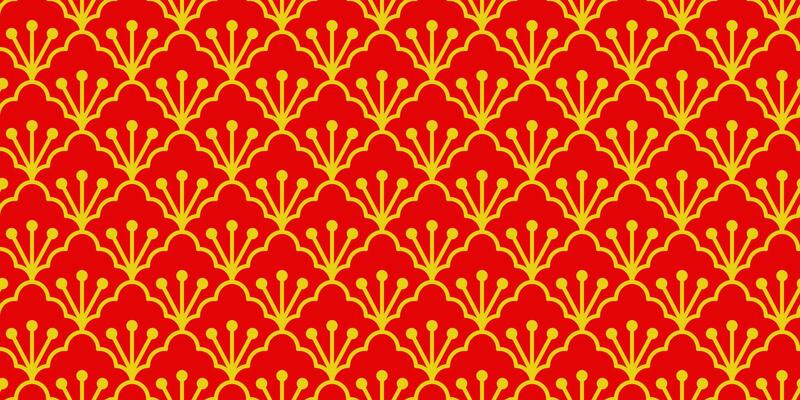 Geometric Asian line art seamless pattern with oriental traditional shapes flowers ornament, waves. Red and gold Japanese print for lunar chinese new year decoration. Luxury retro illustration