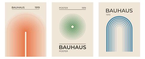Set of trendy modern abstract geometric bauhaus posters with circle, square line shape. Minimalistic print for wall art decoration, postcard or brochure cover design in retro style art vector
